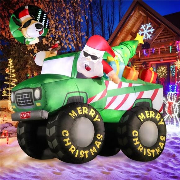 7FT Christmas Inflatables Santa Claus and Reindeer Drive Monster Truck Blow up